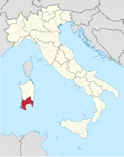 Map highlighting the location of the province of South Sardinia in Italy