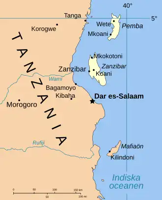 Location of Zanzibar within Tanzania.