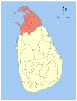 Map showing the location of Northern Province within Sri Lanka