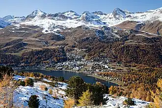 View of St. Moritz and the surrounding mountains from the hiking trail to Muottas da Schlarigna (Celerina)
