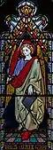 Stained glass, with flaming sword as the attribute, St James' Church, Ewhurst Green