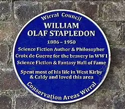 Plaque to Olaf Stapledon, Simon's Bridge, Caldy, Metropolitan Borough of Wirral, Merseyside