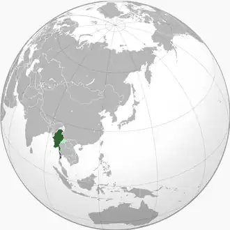 British Burma during World War IIDark green: Japanese occupation of BurmaLight silver: Remainder of British BurmaLight green: Occupied and annexed by Thailand