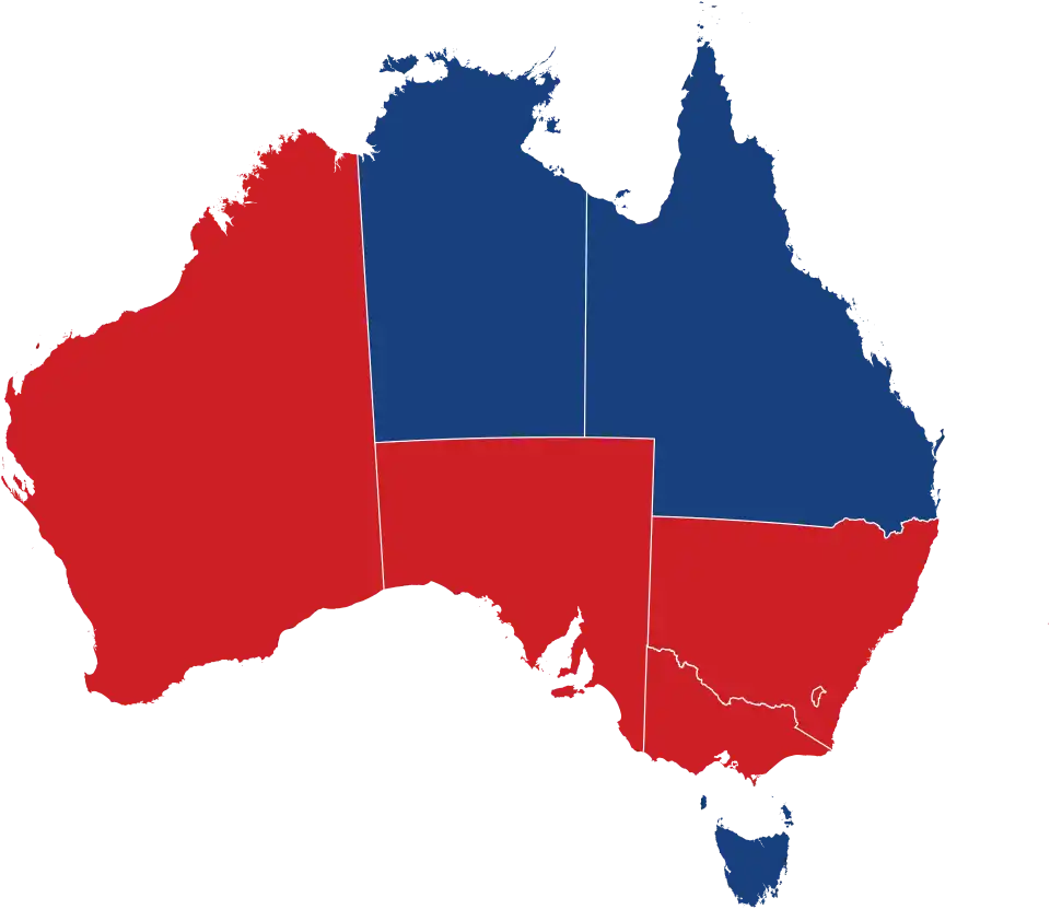 Premiers by party in each state and territory (red = Labor; blue = Liberal).