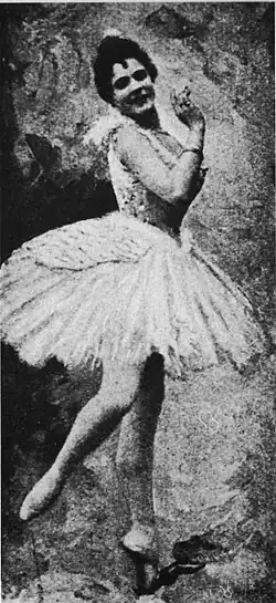 Old black and white photo of a ballerina posing en pointe in a tutu