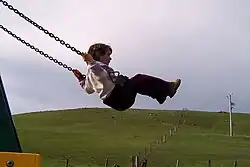 A boy on a playground swing.