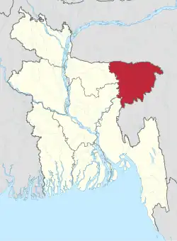 Map of Sylhet Division in red