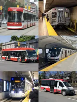 From top, left to right: Flexity Outlook streetcar, T1 subway train, hybrid electric Nova Bus LFS, Toronto Rocket subway train, Flexity Freedom light rail vehicle, and Ram ProMaster CS-2 minibus.