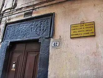 Devastated blazon because of the proclamation of the Ligurian Republic, 1797; Taggia, Italy