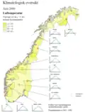 Temperature diagram of Norway: areas with the same temperature range have the same colour.