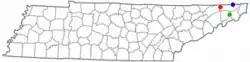 The Tri-Cities in Tennessee-Virginia. The red dot is Kingsport, the blue is Bristol, the green is Johnson City