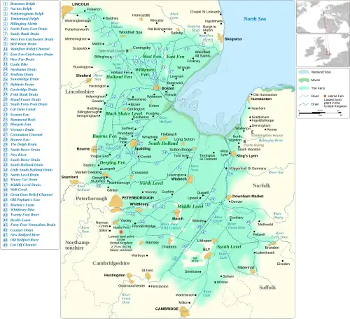 Map of eastern England, showing position of the Fens