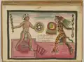 A man (left) is sacrificed by an Aztec warrior (painting from the Tovar Codex)