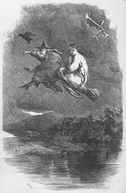 Two women flying on a broomstick above a large body of water against a dark sky, led by a large black bird. The older woman in front is dressed in a pointed hat and long black cloak, while the younger woman behind is dressed in white.