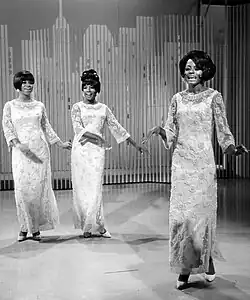 The Supremes: Diana Ross (right), Mary Wilson (center), Florence Ballard (left) performing My World Is Empty Without You on The Ed Sullivan Show in 1966.