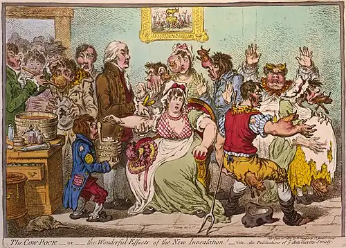 James Gillray, The Cow-Pock—or—the Wonderful Effects of the New Inoculation! (1802).  Vaccinations eventually helped eliminate smallpox from the world.