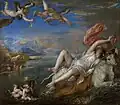 The Rape of Europa (1562) was admired and copied by Rubens. In contrast to the clarity of Titian's early works, it is almost baroque in its blurred lines, swirling colors, and vibrant brushstrokes.
