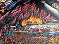 Painting of Aztec temples burning after the Spanish took over
