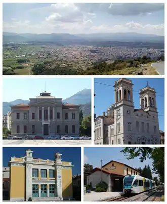 Clockwise from top: Panoramic view of the City of Tripoli, Saint Basil Cathedral in downtown Tripoli, Railway Station of Tripoli, Malliaropoulio Municipal Theater, and the Court House of Tripoli with the Areos Square in front of it.