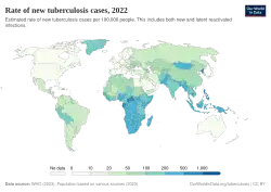 World map with sub-Saharan Africa in darker shades of blue, marking prevalences above 250 per 100,000 people, and with North America, Australia, Europe, and Western Asia in white, marking prevalence below 20 per 100,000 people. Asia is light green and shades of blue, marking prevalence around 50 to 500 per 100,000 people. South America is mostly light green.