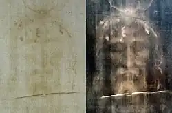 The Shroud of Turin: modern photo of the face, positive (left), and digitally processed image (right)