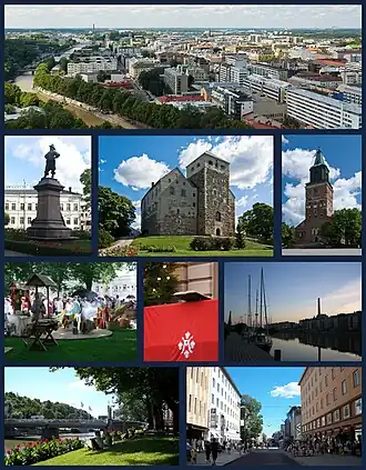 Top row: Aerial view of Turku from atop Turku Cathedral2nd row: Statue of Per Brahe, Turku Castle, Turku Cathedral  3rd row: Turku Medieval Market, The Christmas Peace Balcony of Turku, Twilight on the Aura River  Bottom row: Summer along the Aura River, view of Yliopistonkatu pedestrian area