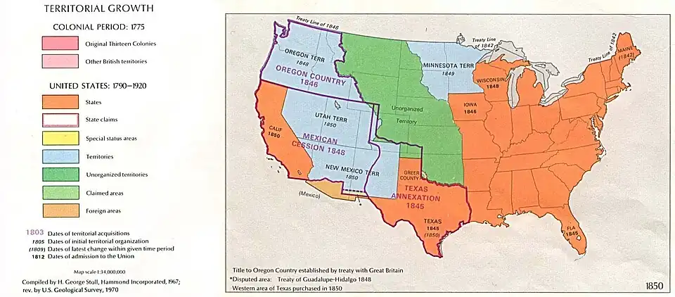 The United States in 1850, after winning the Mexican-American War