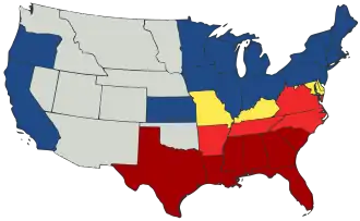 Map of US showing two kinds of Union states and two phases of secession and territories