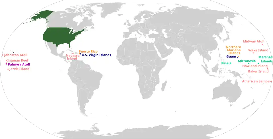 World map showing the U.S., territories, and freely associated sovereign states