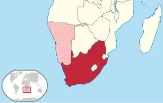 Location of the Union of South Africa. South West Africa shown as disputed area (administered as 5th province of the Union).