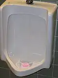 Single-person urinal with an urinal cake.