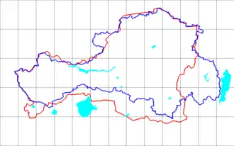 Blue line is the early border of the TPR. Red line is the Tuvan Autonomous Oblast border.