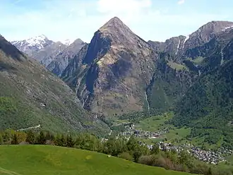 Olivone at the feet of Sosto 2.221&nbsp;m (7&nbsp;ft 3.4&nbsp;in)