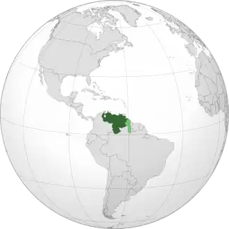 Venezuela on the globe. Disputed lands are shown in light green.