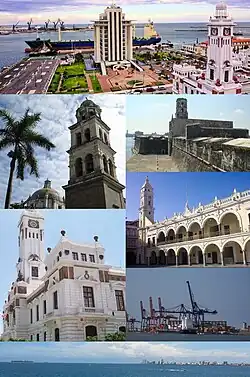 Top, from left to right: Cityscape with regional PEMEX headquarters, Cathedral of Veracruz, San Juan de Ulúa naval complex, Carranza Lighthouse, City Hall, City Port and skyline