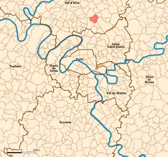 Location (in red) within Paris inner and outer suburbs