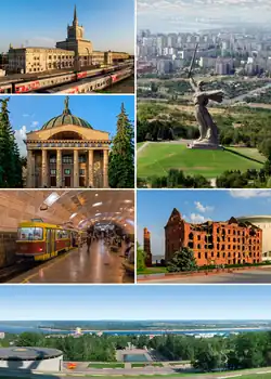Counterclockwise: The Motherland Calls, the railway station, Planetarium, The Metrotram, Panorama of the City, Gerhardt Mill, Mamayev Kurgan