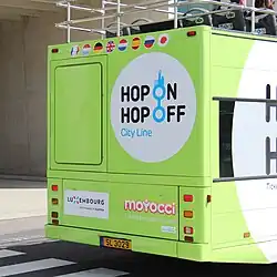 Rear end view of an open-top Myllennium Vyking in Luxembourg, showing the different rear-end layout of the Volvo B7L chassis used in Europe.