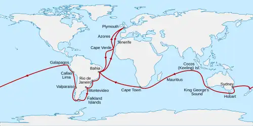 Plymouth, England, south to Cape Verde then southwest across the Atlantic to Bahia, Brazil, south to Rio de Janeiro, Montevideo, the Falkland Islands, round the tip of South America then north to Valparaiso, Chile, and Callao. North west to the Galapagos Islands before sailing west across the Pacific to New Zealand, Sydney, Hobart in Tasmania, and King George's Sound in Western Australia. Northwest to the Keeling Islands, southwest to Mauritius and Cape Town, then northwest to Bahia and northeast back to Plymouth.