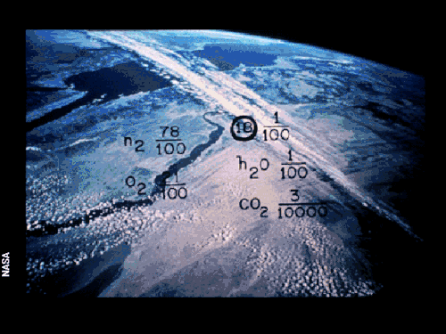 Photograph of Egypt, Red Sea, Sinai Peninsula, and the Nile from Earth orbit, noted with Earth's atmospheric composition