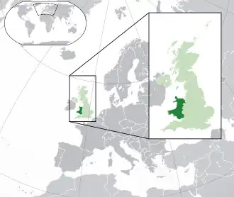 Location of &nbsp;Wales&nbsp;&nbsp;(dark green)–&nbsp;on the European continent&nbsp;&nbsp;(green &&nbsp;dark grey)–&nbsp;in the United Kingdom&nbsp;&nbsp;(green)