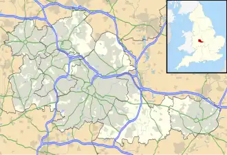 Map of the West Midlands, with a red dot showing the position of the Royal Town of Sutton Coldfield