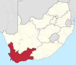 Map showing the location of the Western Cape in the south-western part of South Africa