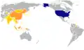 Map showing the United States in blue, and the nations where Asian Americans originate from in shades of orange