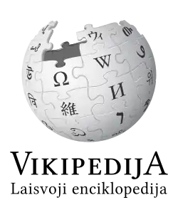 Wikipedia logo displaying the name "Wikipedia" and its slogan: "The Free Encyclopedia" below it, in Lithuanian