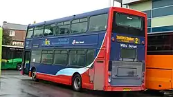 Rear end view of a Myllennium Vyking in England, showing the different rear-end layout of the Volvo B7L chassis used in the United Kingdom.