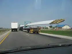 A wind turbine blade on I-35 near Elm Mott, an increasingly common sight in Texas