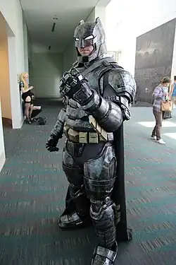 Cosplayer wearing the heavy armor Batman uses against Superman in Batman v Superman