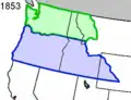 The Oregon Territory (blue) with the Washington Territory (green) in 1853
