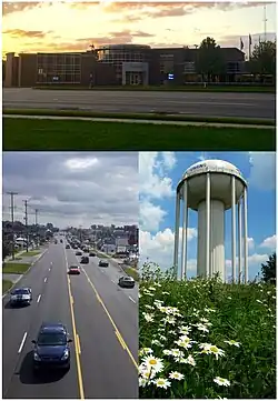 From top, left and right:Wyoming City Hall. Looking east down 28th Street, the city's main commercial route. Water tower near Gezon Park.